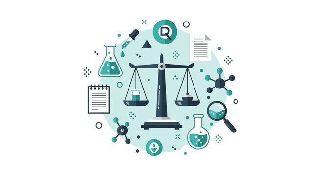 Science and Law Regulatory Concept Illustration: Balance Scale with Laboratory Equipment, Molecules, and Research Icons for Bioethics, Forensics, and Clinical Compliance