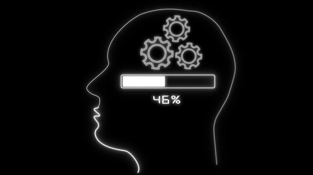 Neon outline of human head with gears and loading bar Keywords: brain, mind, thinking, gears, animation