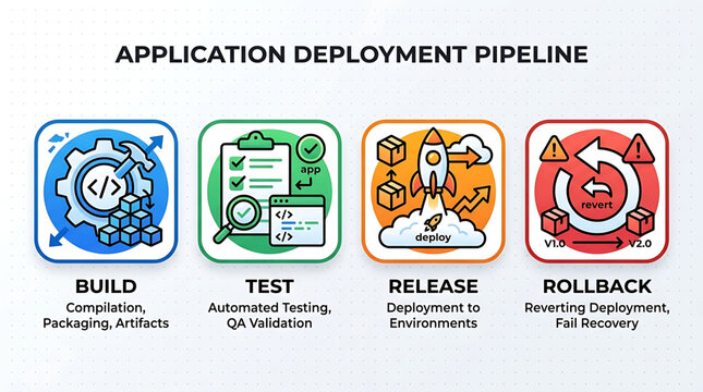 The illustration depicts a software application deployment pipeline process with four stages.