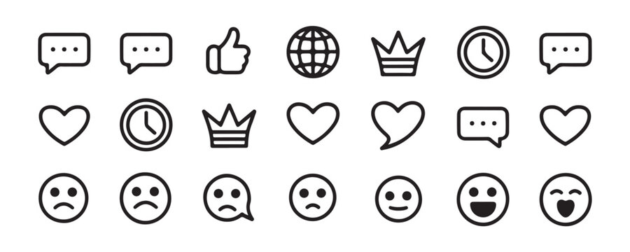 Emoticon and social interaction icons collection with sad and happy faces plus web symbols.