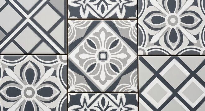 Elegant monochrome ceramic tiles featuring a blend of intricate floral motifs and sharp geometric shapes for a modern interior design look, lines, symmetry, material