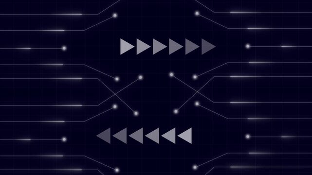 Rows of White Arrows and Intersecting Lines on Dark Circuit Board Background direction movement animation