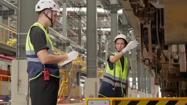 Focused railway engineers meticulously inspect train car's undercarriage within an industrial factory setting, wearing helmets and reflective vests for thorough inspection during routine maintenance o