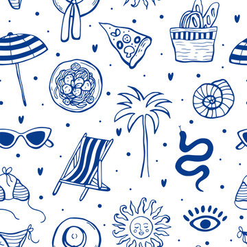 Coastal mediterranean summer seamless pattern with doodle illustrations. Beach vacation graphic modern design. Sketch style in blue color	