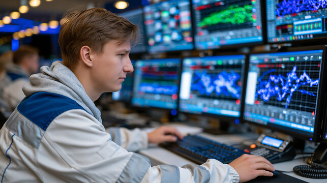 Utility grid control room operator monitoring multiple screens displaying real time electricity load balancing data across transmission zones, smart grid management software, demand response system,