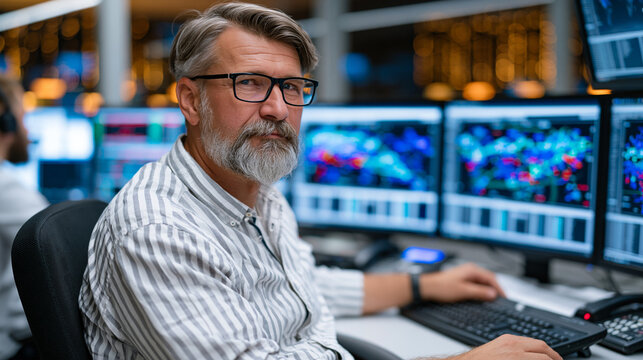 Utility grid control room operator monitoring multiple screens displaying real time electricity load balancing data across transmission zones, smart grid management software, demand response system,