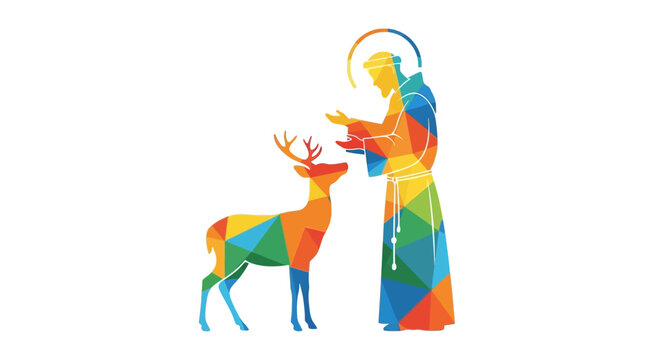 Colorful low poly artistic representation of Saint Francis of Assisi with a deer.