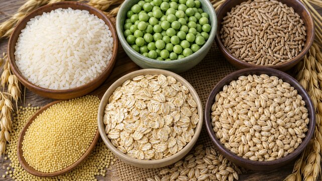 Various grains and legumes displayed in bowls. Natural textures contrast against rustic woven backgrounds. Healthy eating, sustainable agriculture, and nutrition concepts. Rice, peas, oats, wheat