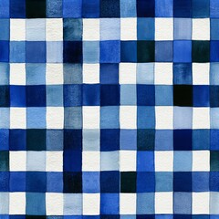 Fototapeta premium Blue watercolor gingham pattern creating abstract seamless background. Watercolor brushstrokes forming a decorative blue and white checkered pattern