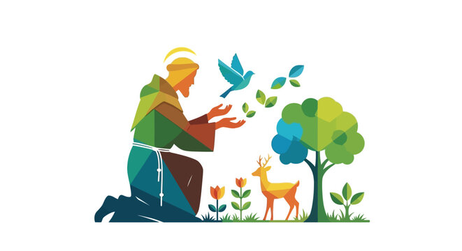 Saint Francis of Assisi interacting with nature and animals in a vibrant colorful artistic style.