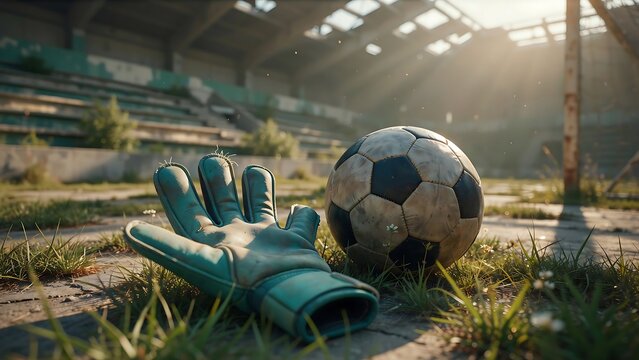 A weathered classic soccer ball and a single goalkeeper glove resting on overgrown grass at an abandoned stadium field during golden hour