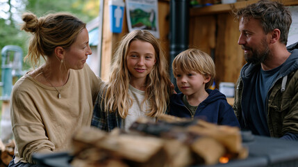Fototapeta premium Family of four gathered around a wood gasification stove inside a remote mountain cabin with no grid connection, hand pumped well visible outside window, composting toilet diagram on wall, off grid 