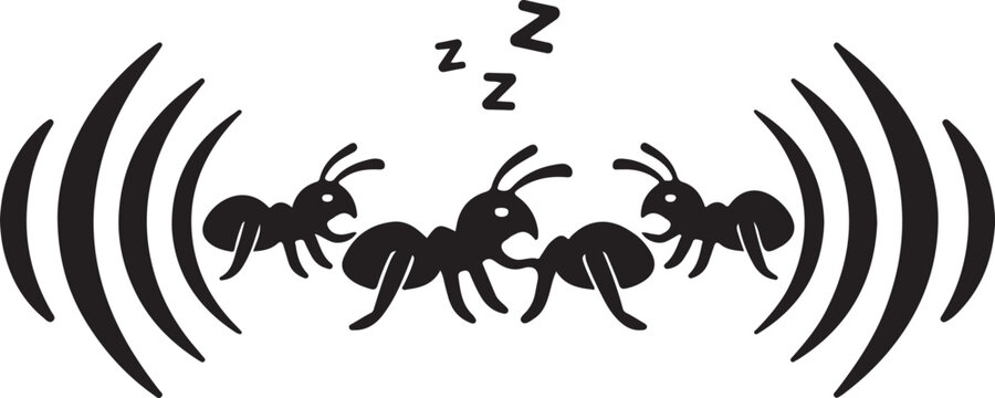 Three black ants with sound waves and sleeping sign.