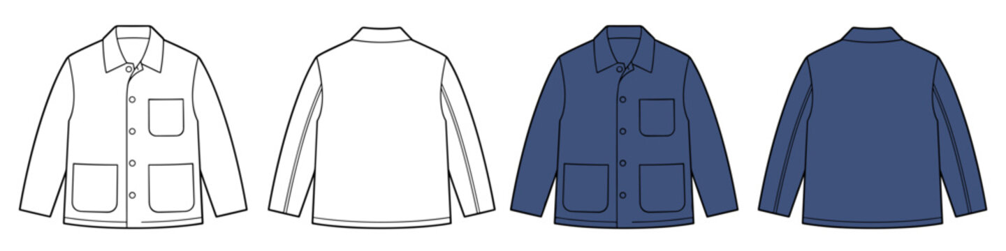 Workwear chore jacket technical fashion illustration with point collar, patch pockets, buttons. Navy blue flat coat template front back transparent background. Men women top CAD
