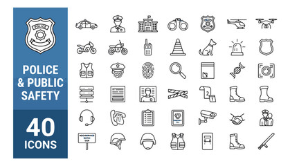 Police and public safety line icons, 40 law enforcement vector symbols, professional emergency services and security department icon set for web design © Rehman