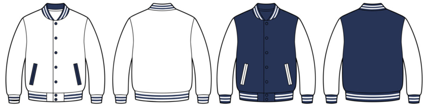 Letterman varsity jacket technical fashion illustration with contrast sleeves, rib stripes. Navy white flat template front back transparent background. Men women top CAD