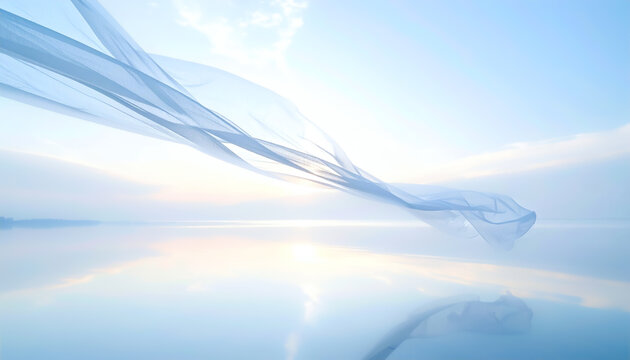 柔らかな朝の光と青いベールが揺れる透明感のある風景｜Soft Morning Light with Flowing Blue Veil	
