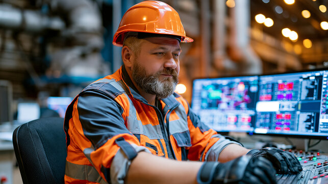 Mechanical engineer in a steel mill control room tracking waste heat recovery data on an industrial SCADA display, thermoelectric generator performance metrics, high temperature exhaust energy conve
