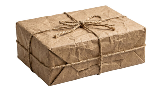 Rectangular cardboard package wrapped in brown craft paper tied with rustic twine string on white