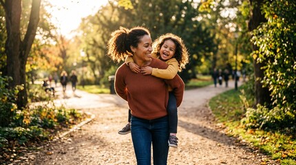 Fototapeta premium Mother giving daughter piggyback ride in park during autumn with sun shining through trees