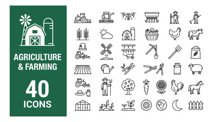 Fototapeta premium Agriculture and farming icon set, 40 linear vector icons of farm equipment and livestock, black outline agricultural symbols for rural industry