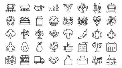 Naklejka premium Agriculture and smart farming line icons set, 40 vector symbols for organic food production, modern agribusiness and sustainable gardening graphics