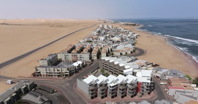 Aerial view of Langstrand, a beach resort town between Swakopmund and Walvis Bay in the Namib Desert, Namibia.