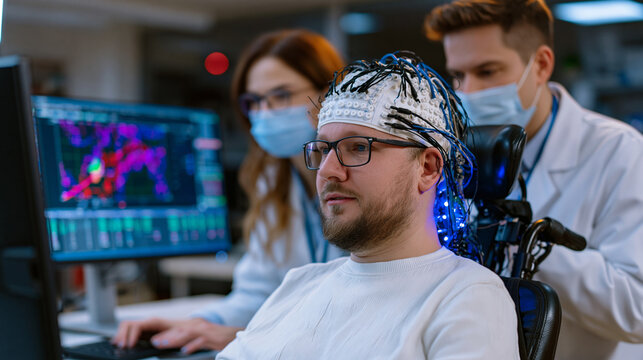 Neuroscience technician calibrating implanted brain computer interface electrode array signal decoder for paralyzed clinical trial participant seated in research lab chair, real-time cursor control 