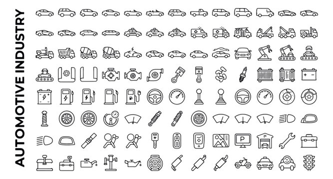 Automotive industry icon set, car parts and vehicle repair line icons vector, professional garage service and transportation symbols collection