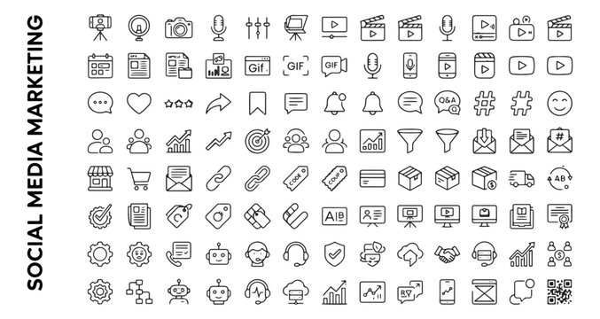 Social media marketing icons set, minimalist black outline vector symbols for digital advertising, 88 thin line web and mobile app UI elements