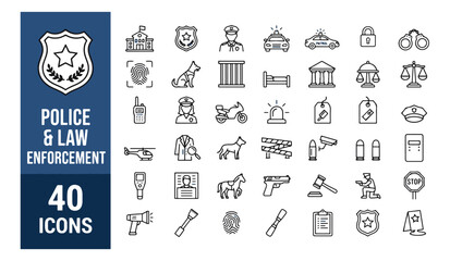 Police and law enforcement icon set, 40 thin line vector icons for public safety and justice, professional security and crime prevention symbols © Rehman