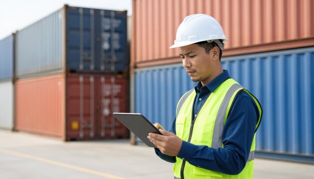 Logistics professional wearing hardhat and safety vest utilizing tablet in shipping container yard to enhance operational efficiency