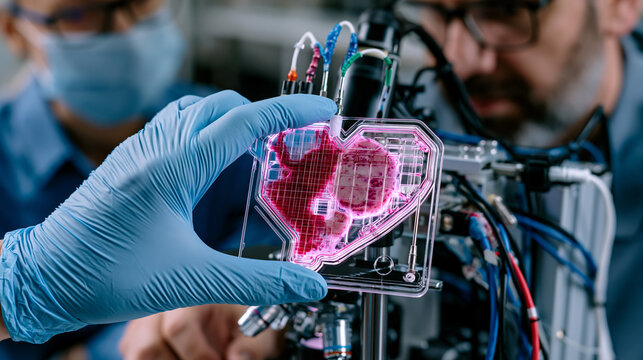 Pharmaceutical researcher loading miniaturized organ-on-chip cardiac tissue module into testing rig to evaluate drug toxicity without animal subjects, peristaltic pump connections and live cell imag
