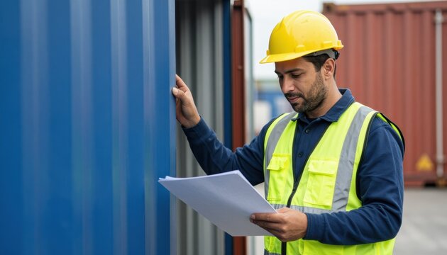 Dedicated logistics professional wearing safety gear examining blueprints in a busy shipping container yard