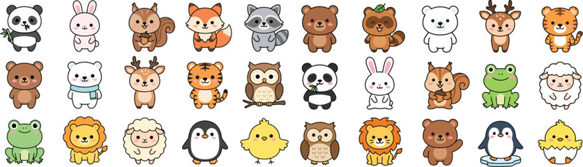 Fototapeta premium Cute animal icons set with panda, bear, rabbit, and more