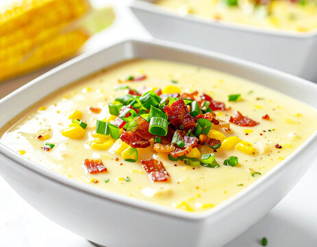 Chicken corn chowder with bacon and green onions. AI