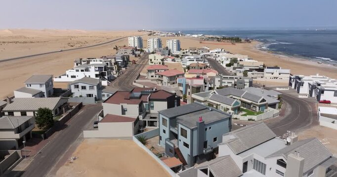 Aerial view of Langstrand, a beach resort town between Swakopmund and Walvis Bay in the Namib Desert, Namibia.