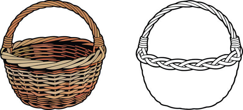 Woven wicker basket illustration & outline set isolated on transparent background 