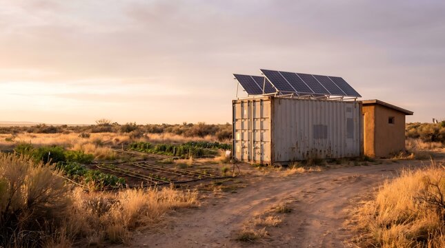 Off-Grid Solar Power Setup: A rugged shipping container converted into an off-grid dwelling is powered by solar panels, nestled in a dry, arid landscape at sunset.