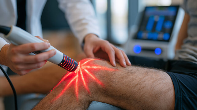 Sports medicine physician operating photobiomodulation therapy wand along injured athlete's knee joint in private performance clinic, wavelength dosimetry parameters visible on treatment unit displa