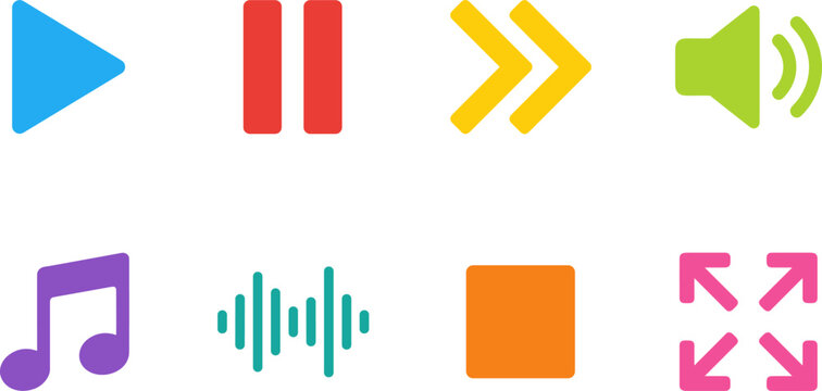 Colorful media player button icon set featuring play pause fast forward volume music stop and fullscreen controls