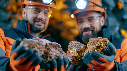 Fototapeta premium Two miners examining raw ore samples beneath a harsh work light in an underground lithium mine tunnel, responsible sourcing documentary concept, critical mineral extraction, battery supply chain tra