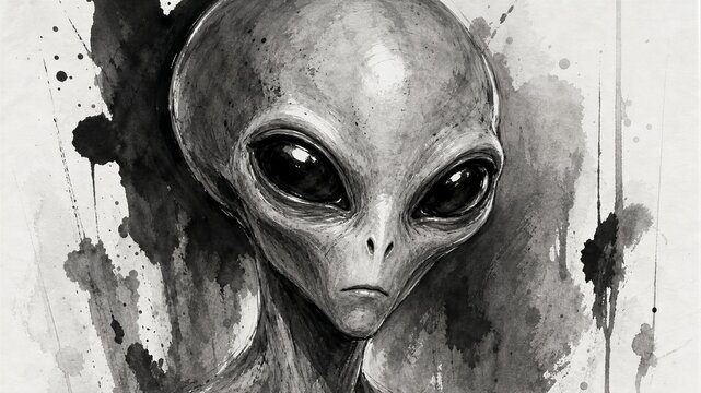 Alien head drawn in grayscale ink style. Black ink splatters frame the creature's face. Large, dark eyes stare with intense, curious gaze. Sleek, smooth skin shows subtle shading and texture