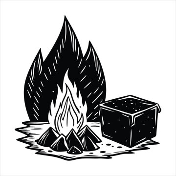 Water freezes into ice beside glowing fire