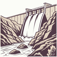 Vintage style of a hydroelectric dam with water flowing through spillways into a rocky river canyon with trees, sepia and black © MST SAHIDA  BEGUM 
