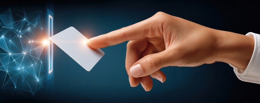 Hand holding credit card pointing to contactless reader representing payment, nfc and digital security technology