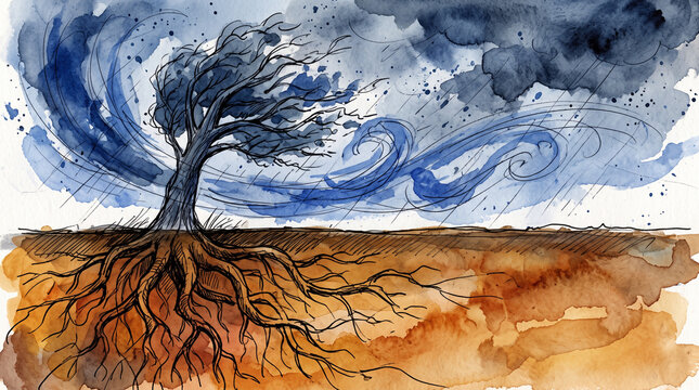 Blue amber watercolor ink tree roots holding firm in storm, representing mental health grounding, staying stable under pressure, resilience and psychological roots concept