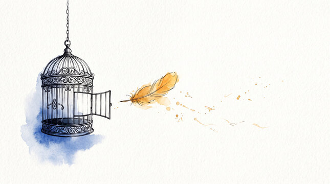 Amber watercolor ink open birdcage with floating feather, representing mental health liberation, emotional freedom, releasing self-imposed limits and finally being free concept