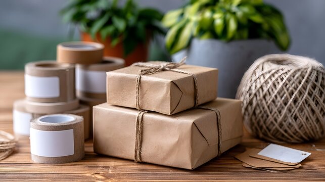Organized arrangement of crafting supplies featuring labeled parcels twine and blank stationery for small business packaging