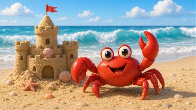 Bright red crab smiles beside sandcastle. Beach waves crash under sunny sky. Crab winks cheerfully at viewer. Sandcastle features flag and shells. Ideal for summer vacation themes
